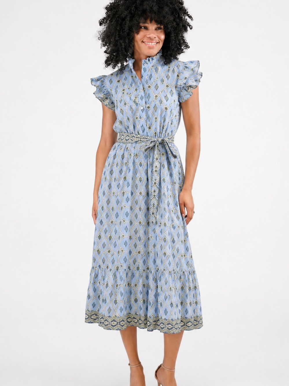 Victoria Dunn Light Blue Printed Midi Dress with Tie Belt